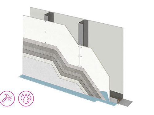Poprečni presek korišćenja Cementex ploče za hidro i termoizolaciju kod balkona uz simbole otpornosti na oštećenja i požar.