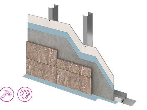 Poprečni prikaz upotrebe Cementex cementnih ploča za kupatila, kuhinje i bazene pred simbola otpornosti i trajnosti.