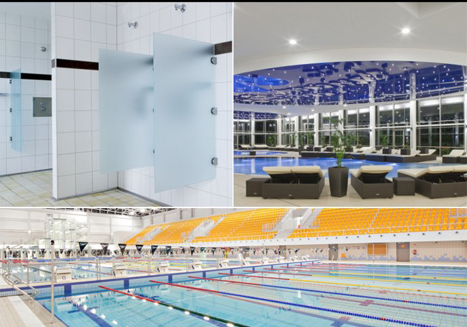 Slika prikazuje korištenje vodootpornih gips- kartonskih ploče za izgradnju bazena i sportske hale
