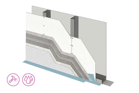 Poprečni presek korišćenja Cementex ploče za hidro i termoizolaciju kod balkona uz simbole otpornosti na oštećenja i požar.