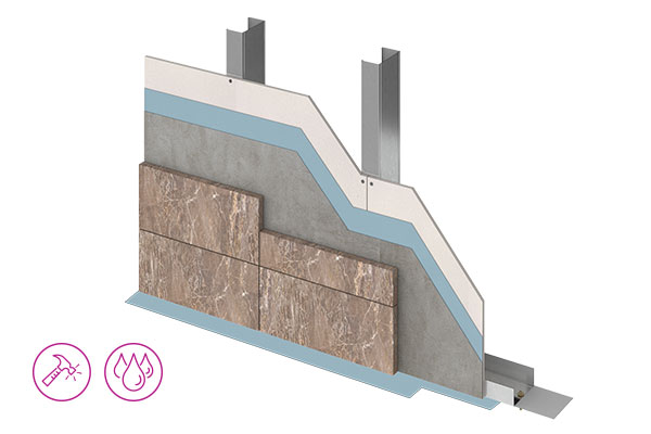 Poprečni prikaz upotrebe Cementex cementnih ploča za kupatila, kuhinje i bazene pred simbola otpornosti i trajnosti.