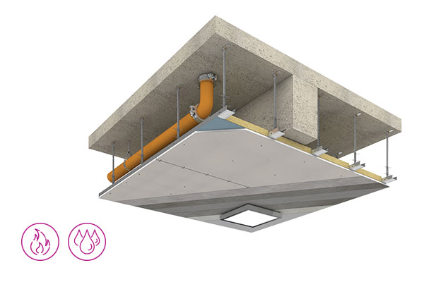 Prikaz montaže Siniat Cementex ploča na plafon iza kojeg se, između ostalih, mogu naći grejne i ventilacione instalacije.
