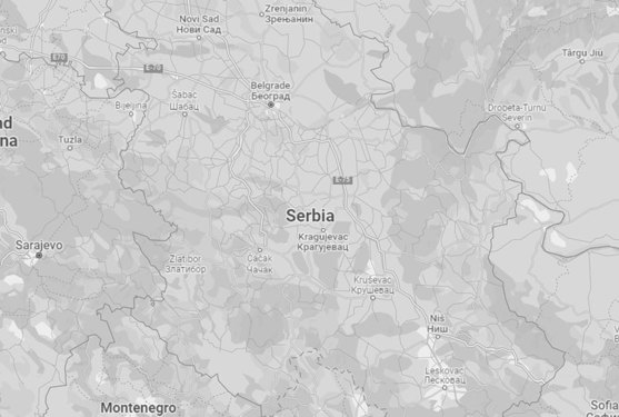 Crno bela mapa Srbije, koja prikazuje lokacije lokalnih Siniat distributera